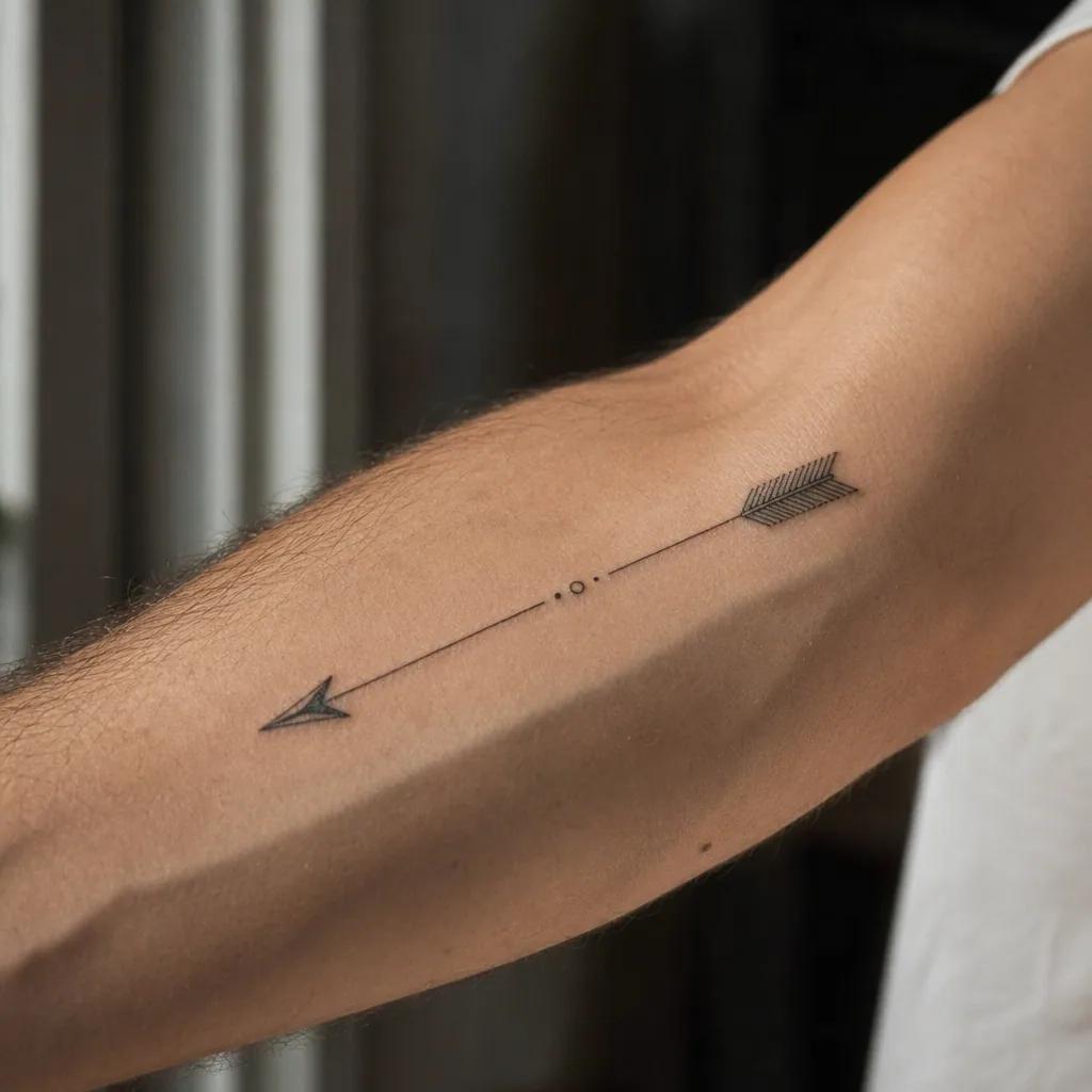 men's forearm tattoo minimalist arrow, realistic photo on skin