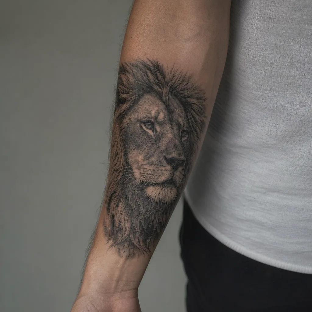 men's forearm tattoo blackwork wolf, realistic photo on skin