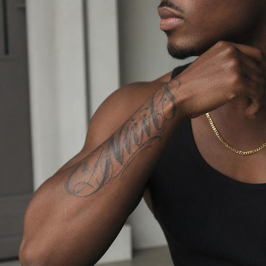 men's forearm tattoo dotwork deer, realistic photo on skin