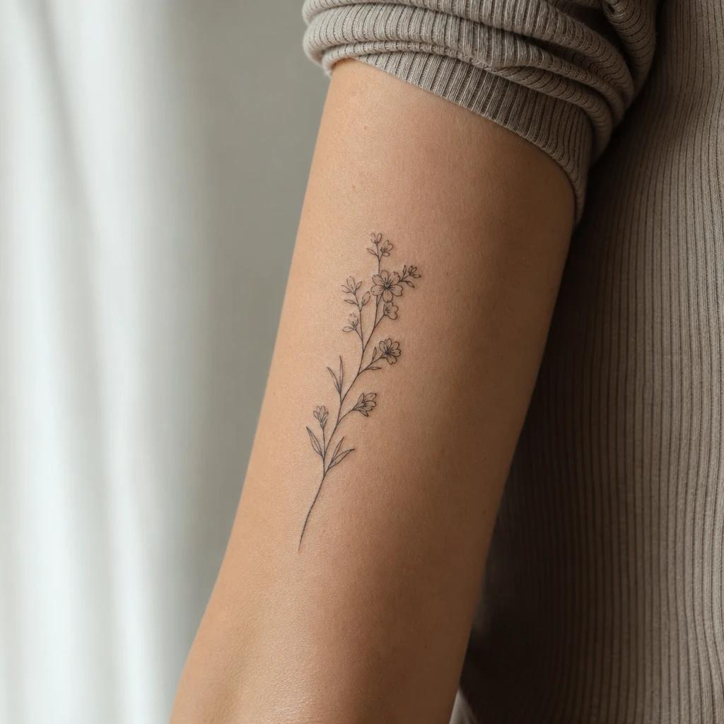 women's forearm tattoo fine line flowering branch, realistic photo on skin