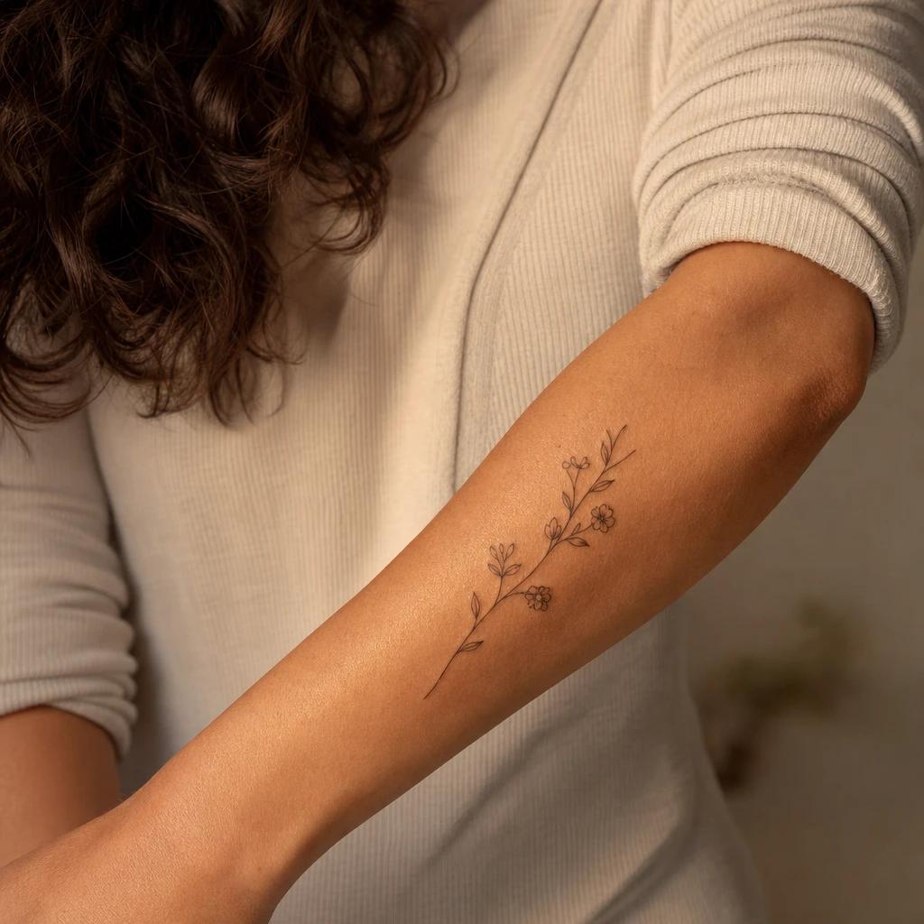 women's forearm tattoo fine line flowering branch, realistic photo on skin