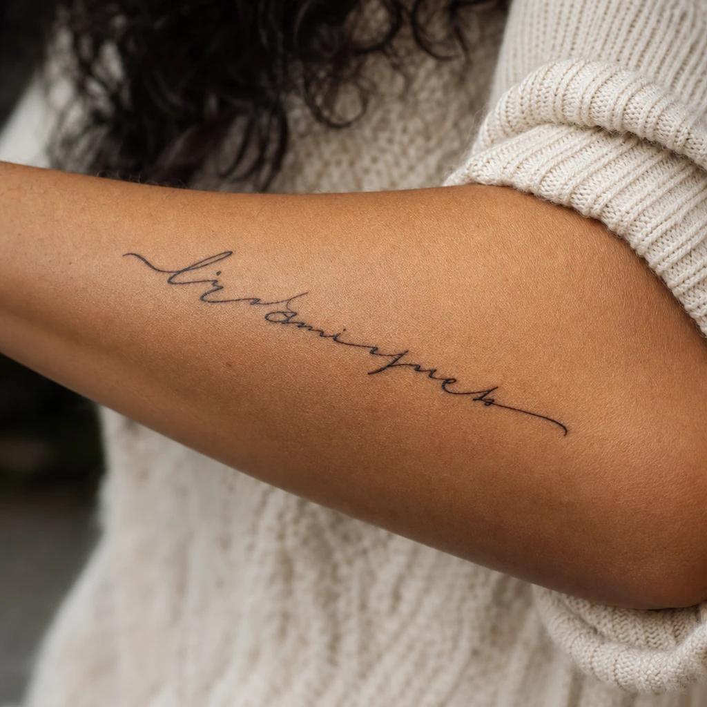 women's forearm tattoo handwritten quote, realistic photo on skin