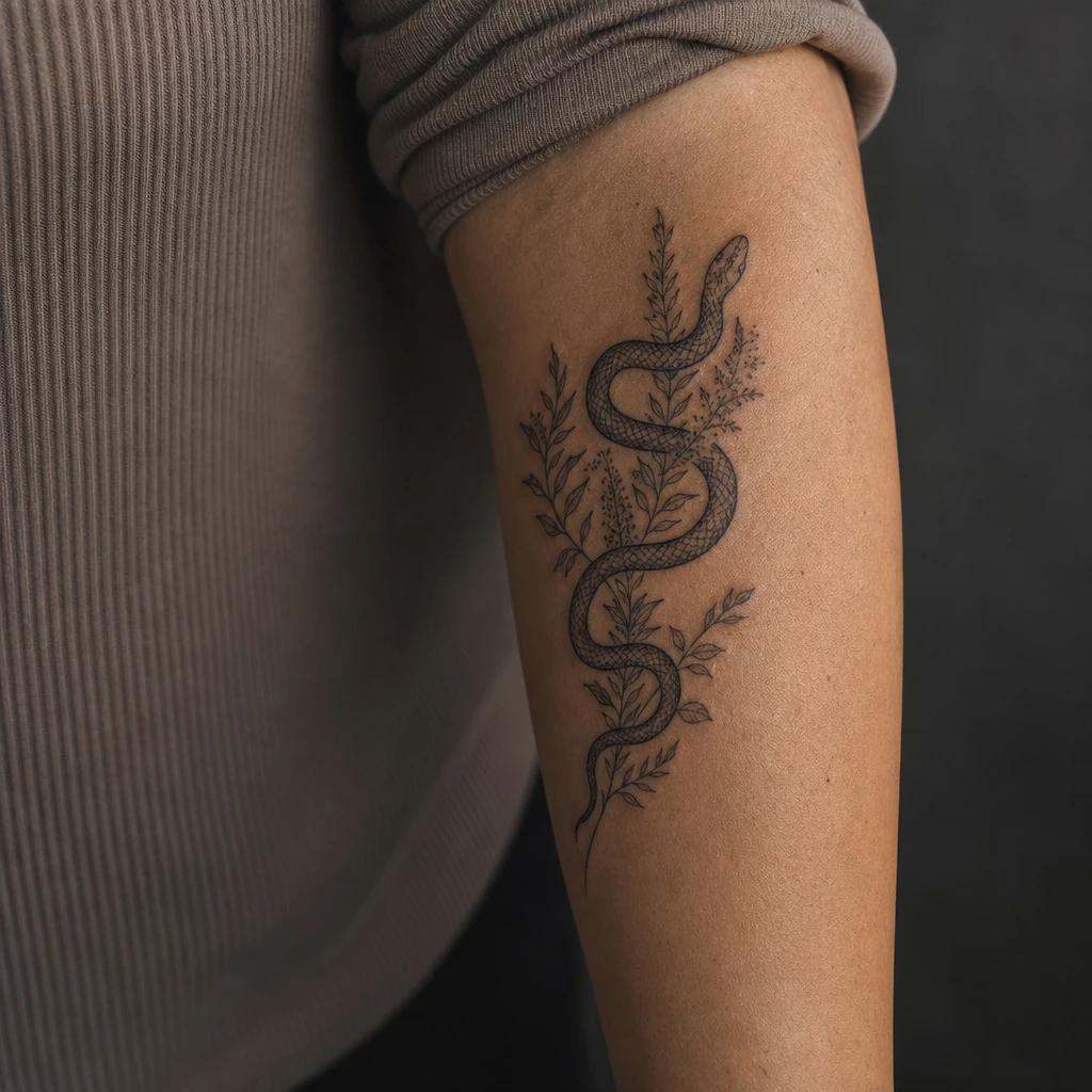 women's forearm tattoo fine botanical snake, realistic photo on skin