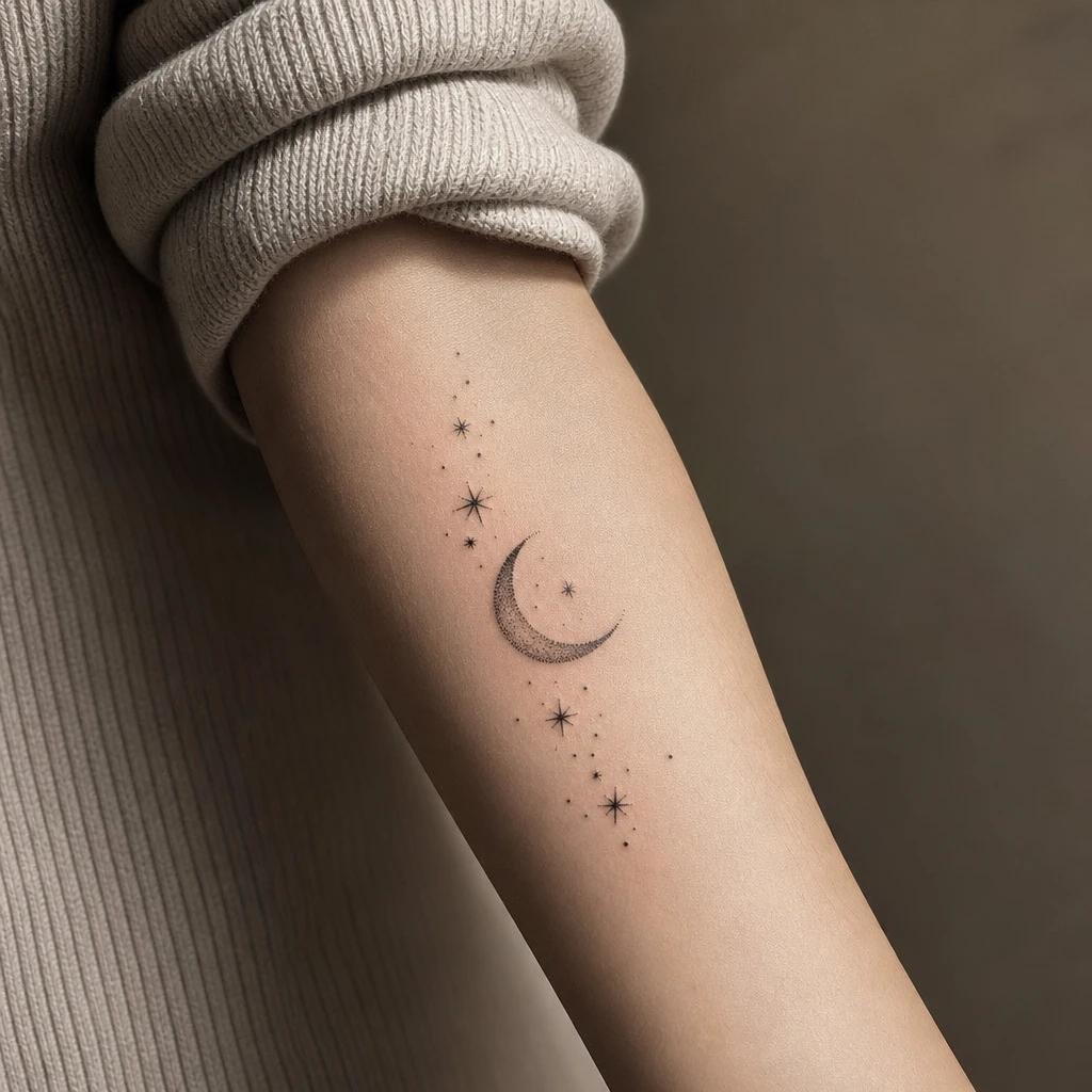 women's forearm tattoo dotwork moon and stars, realistic photo on skin