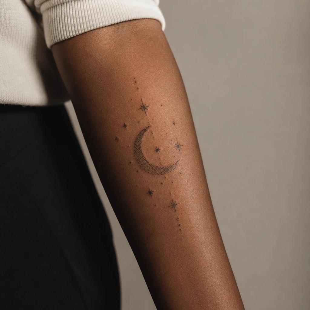 women's forearm tattoo dotwork moon and stars, realistic photo on skin