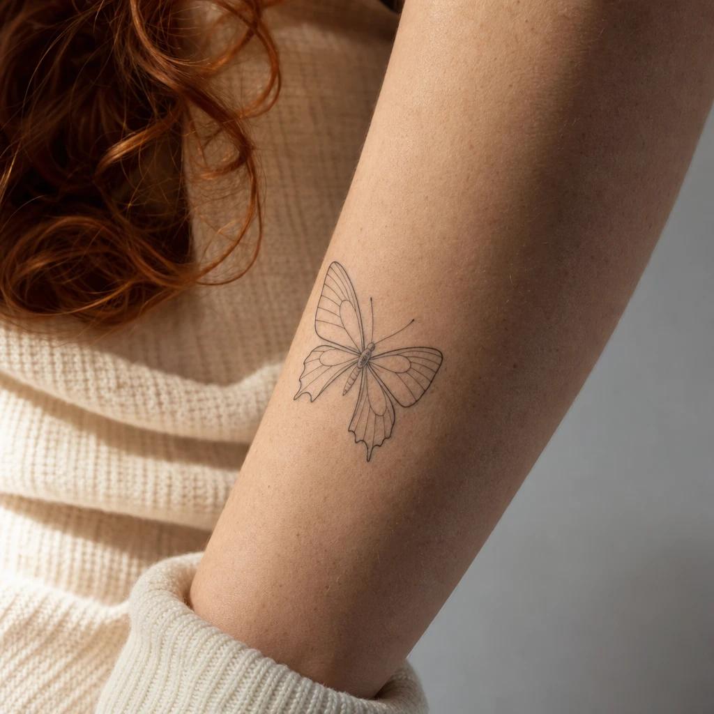 women's forearm tattoo fine line butterfly, realistic photo on skin