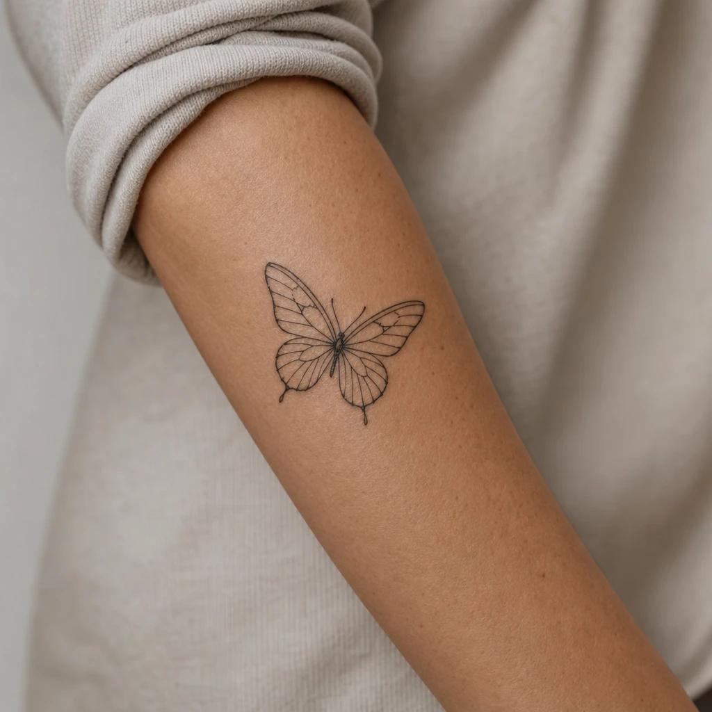 women's forearm tattoo fine line butterfly, realistic photo on skin