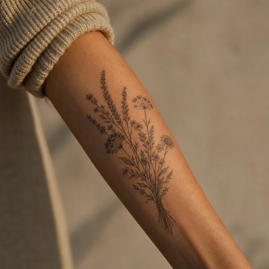women's forearm tattoo wildflower bouquet, realistic photo on skin