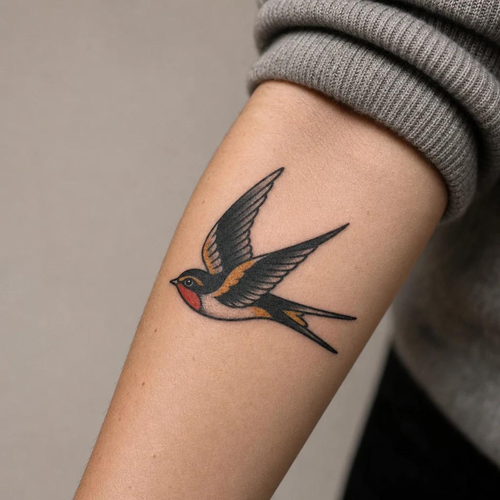 women's forearm tattoo old school swallow, realistic photo on skin