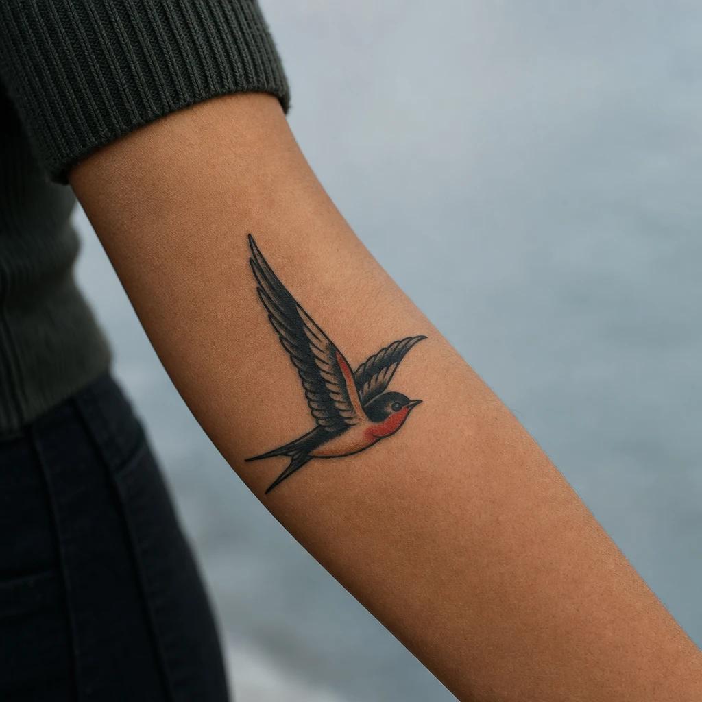 women's forearm tattoo old school swallow, realistic photo on skin