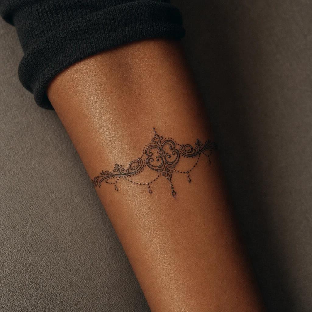 women's forearm tattoo ornamental bracelet, realistic photo on skin