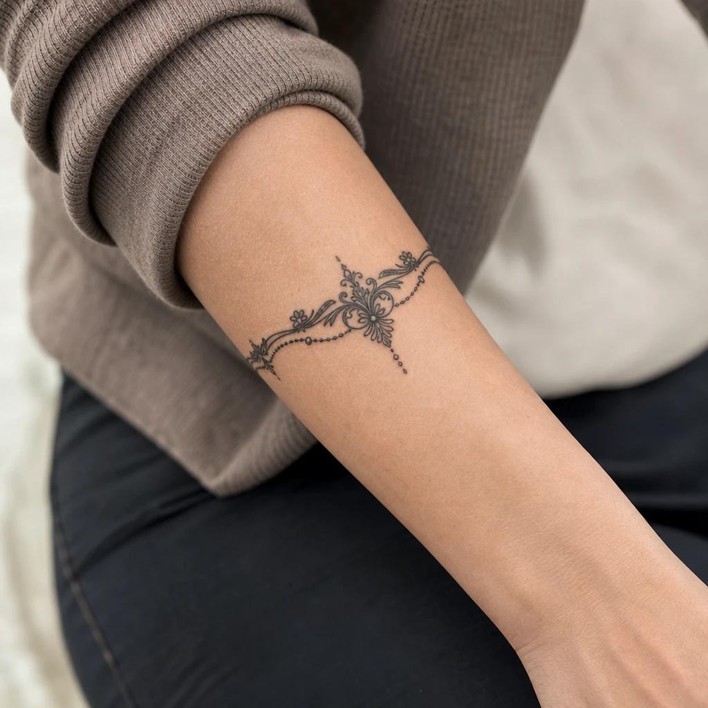 women's forearm tattoo ornamental bracelet, realistic photo on skin