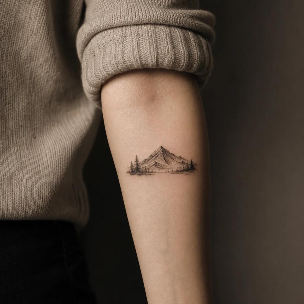 women's forearm tattoo mini mountain landscape, realistic photo on skin
