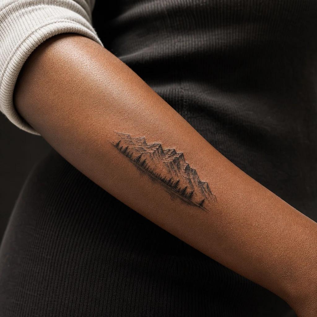 women's forearm tattoo mini mountain landscape, realistic photo on skin