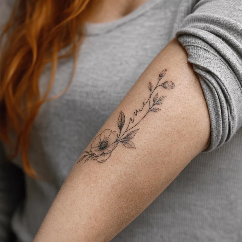 women's forearm tattoo name and flower, realistic photo on skin