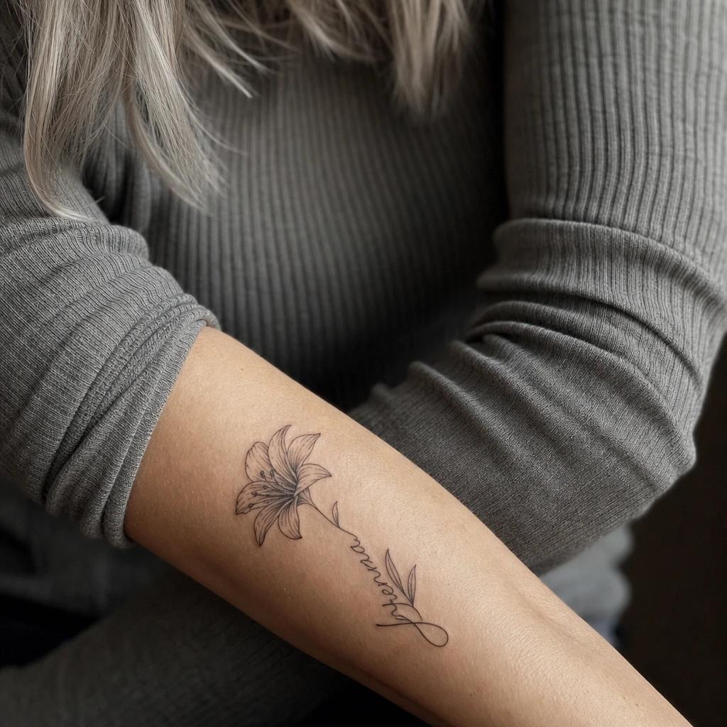 women's forearm tattoo name and flower, realistic photo on skin