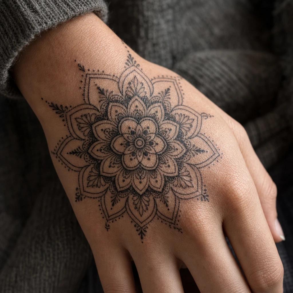 women's hand tattoo back of hand mandala, realistic photo on skin