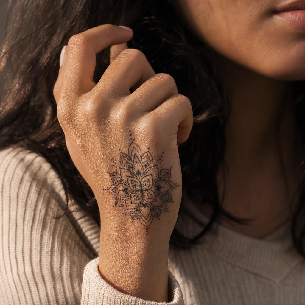 women's hand tattoo back of hand mandala, realistic photo on skin