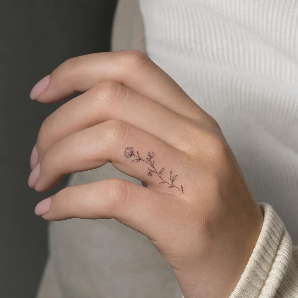 women's hand tattoo fine line flowers, realistic photo on skin