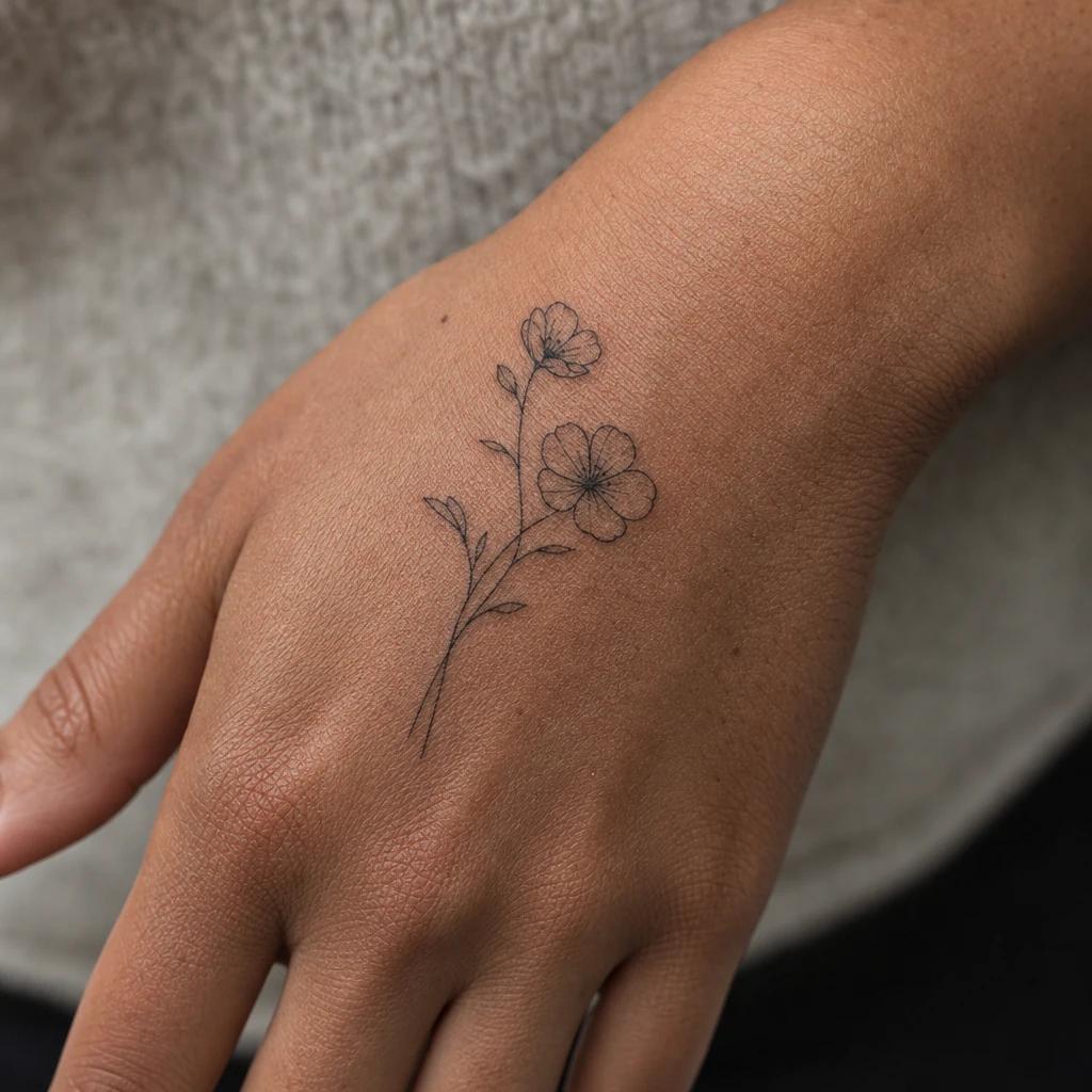 women's hand tattoo fine line flowers, realistic photo on skin
