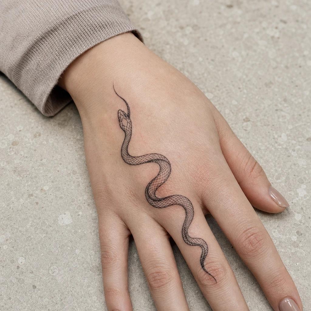 women's hand tattoo graphic snake, realistic photo on skin
