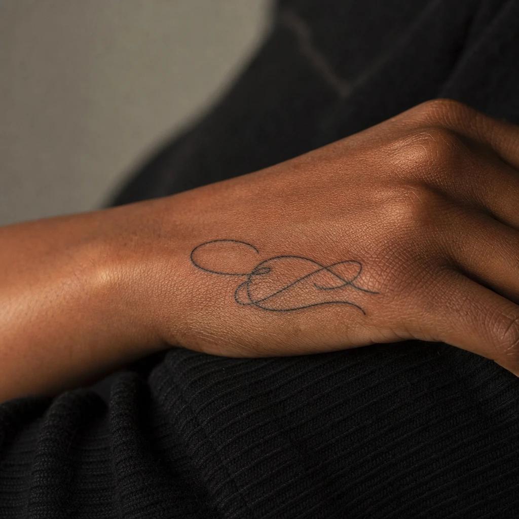 women's hand tattoo poetic lettering, realistic photo on skin