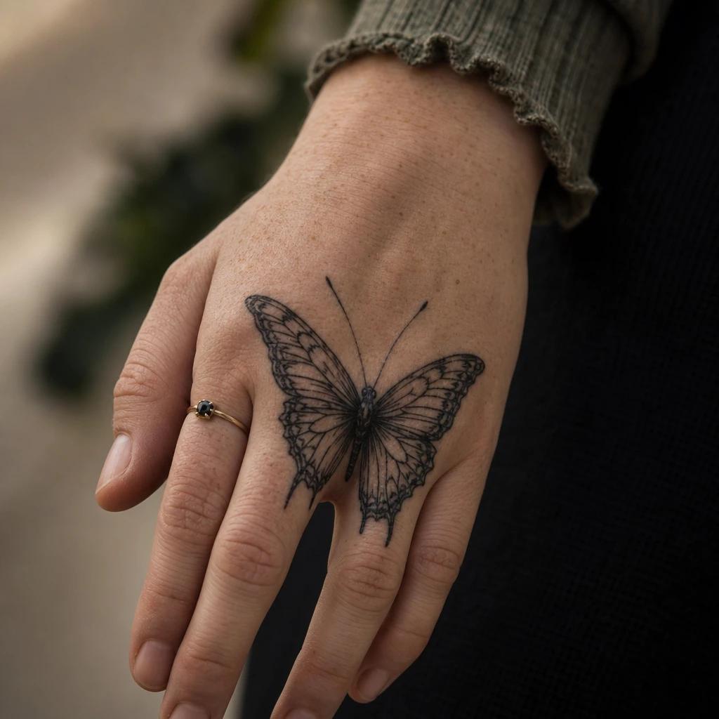 women's hand tattoo back of hand butterfly, realistic photo on skin