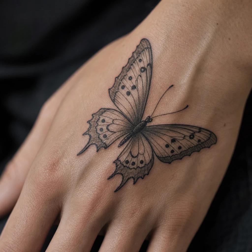 women's hand tattoo back of hand butterfly, realistic photo on skin