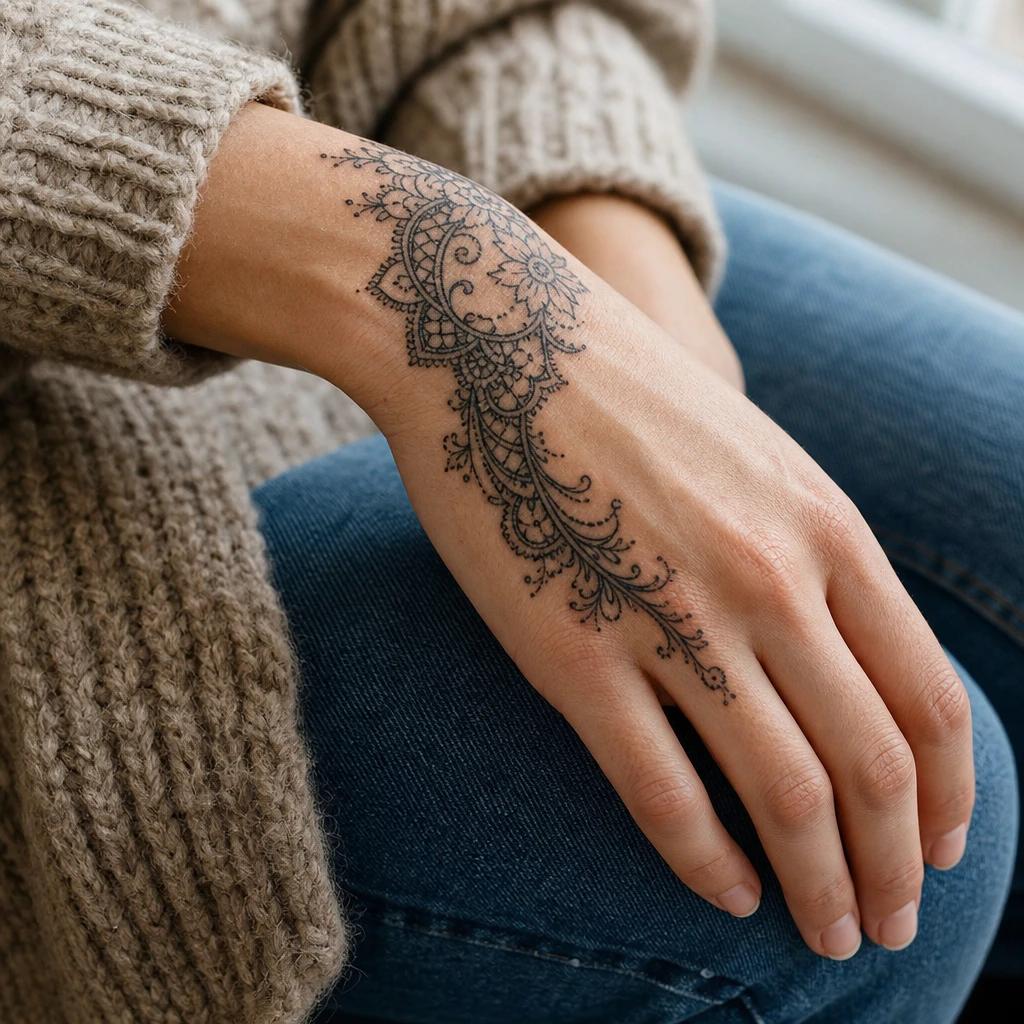 women's hand tattoo ornamental lace, realistic photo on skin
