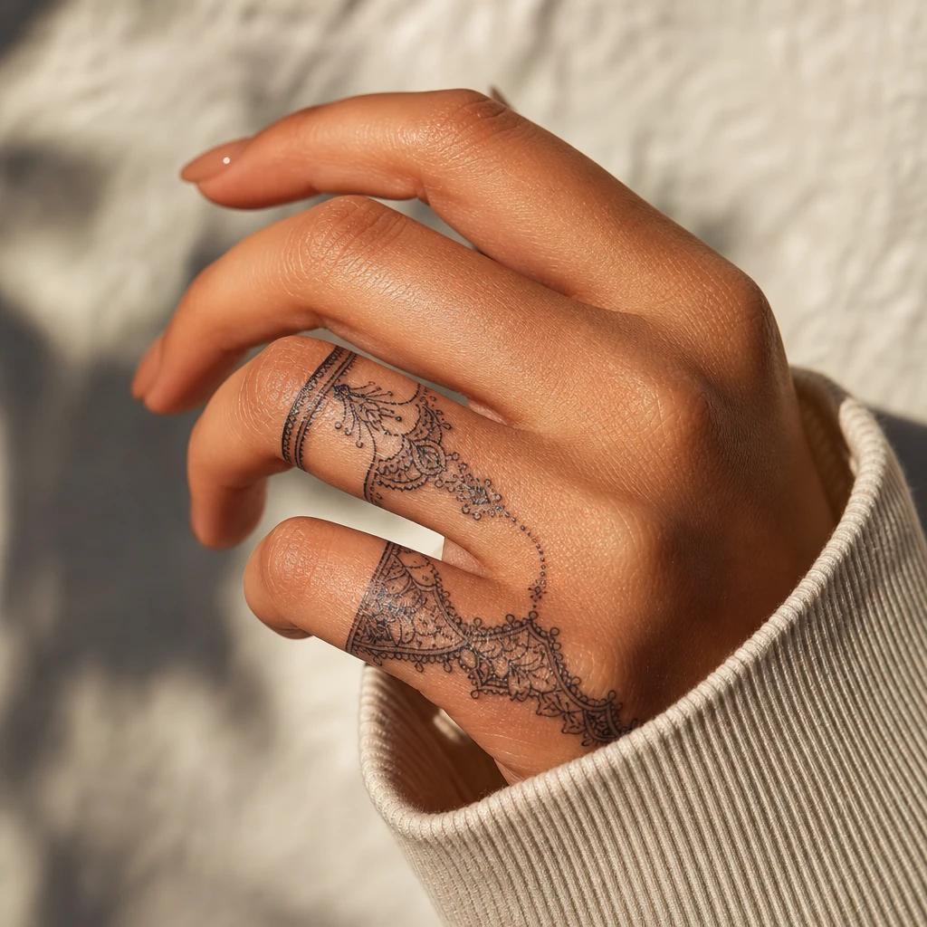 women's hand tattoo ornamental lace, realistic photo on skin