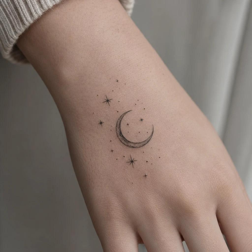 women's hand tattoo moon and stars, realistic photo on skin