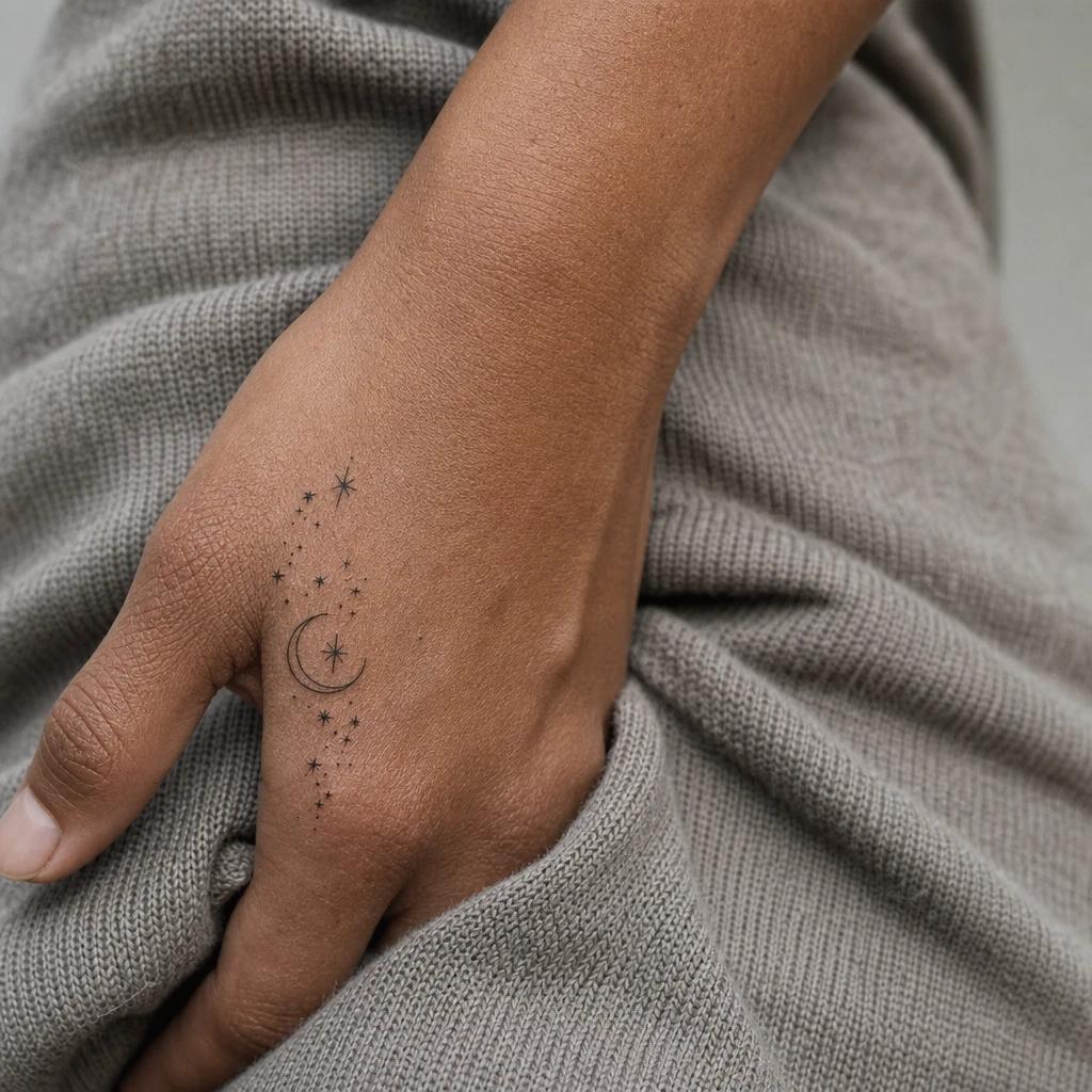women's hand tattoo moon and stars, realistic photo on skin