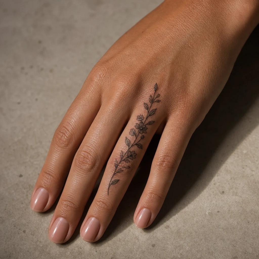 women's hand tattoo flowering branch, realistic photo on skin