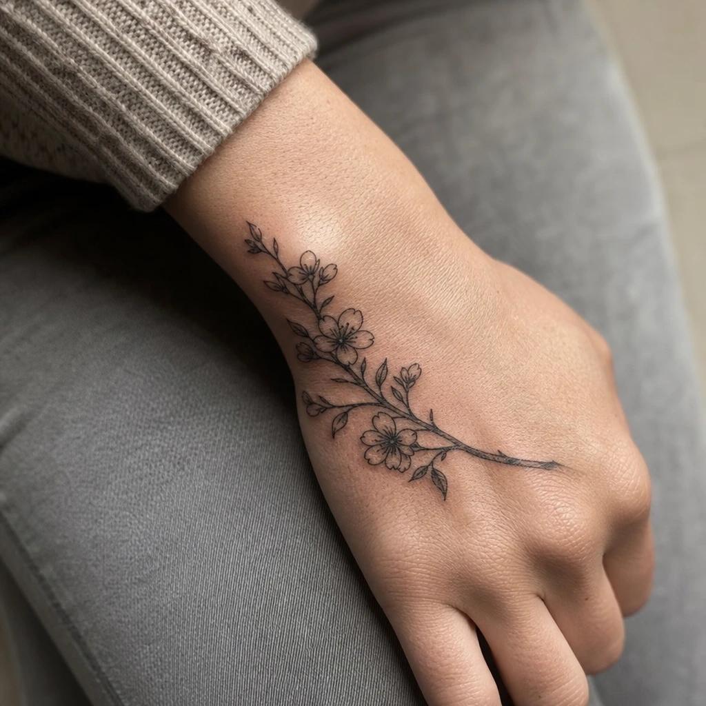 women's hand tattoo flowering branch, realistic photo on skin