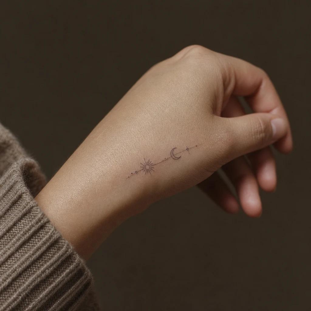 women's hand tattoo minimalist symbols, realistic photo on skin