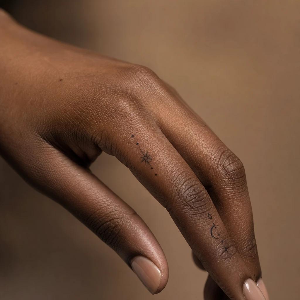 women's hand tattoo minimalist symbols, realistic photo on skin