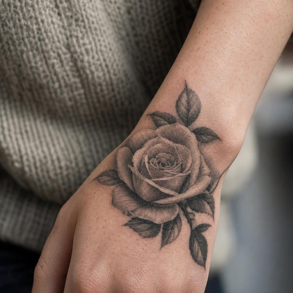 women's hand tattoo realistic rose, realistic photo on skin