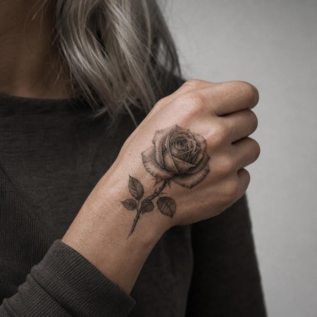 women's hand tattoo realistic rose, realistic photo on skin