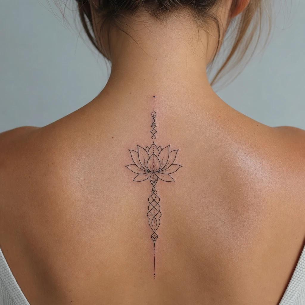 lotus flower tattoo spine lotus, realistic photo on skin