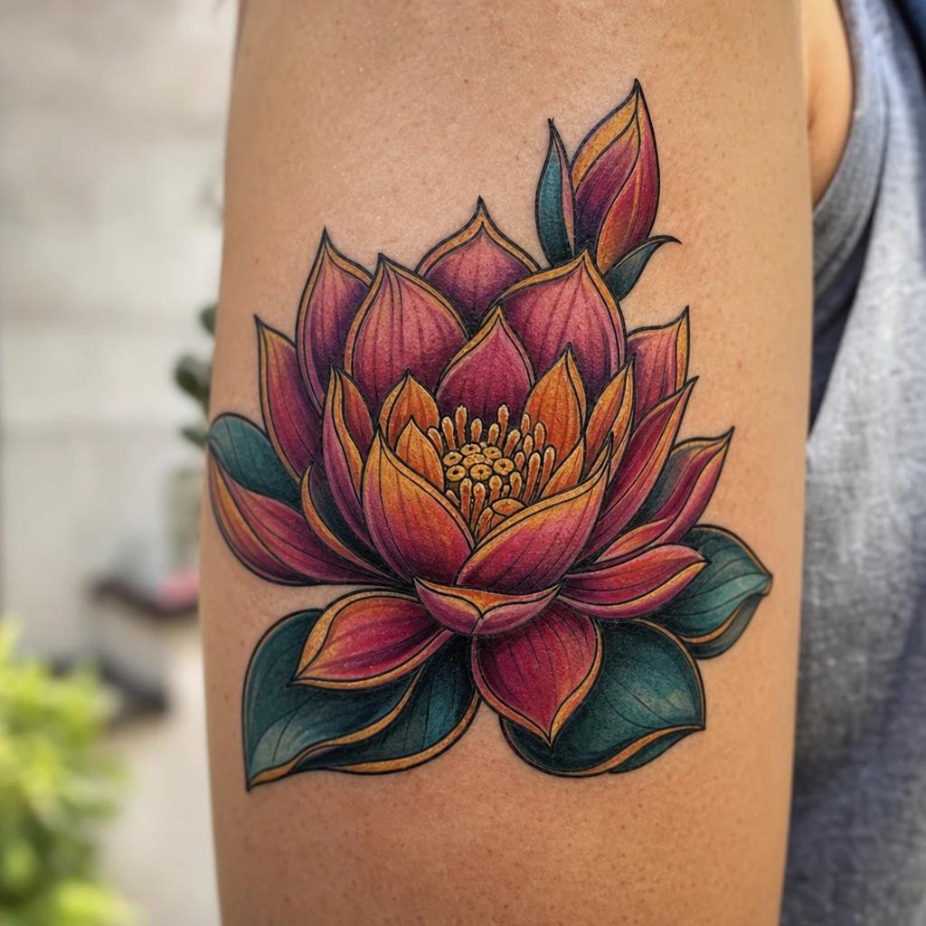 lotus flower tattoo neo-traditional lotus, realistic photo on skin