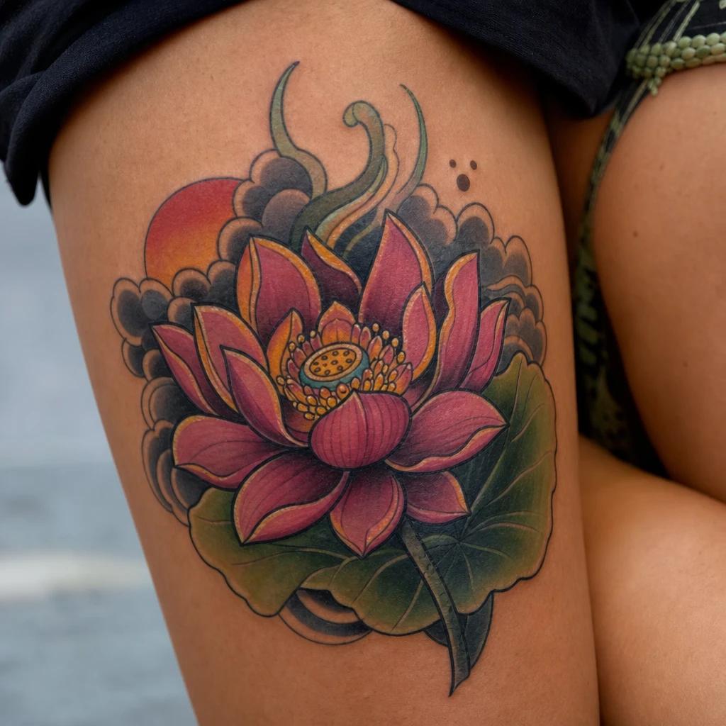 lotus flower tattoo neo-traditional lotus, realistic photo on skin