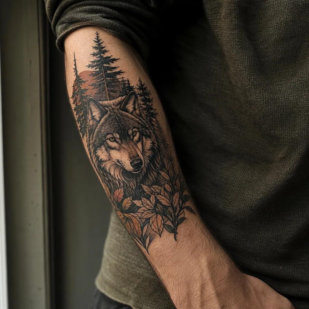 idée tatouage loup loup néo-traditionnel forêt