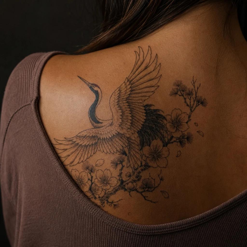 idée tatouage maman grue japonaise protectrice
