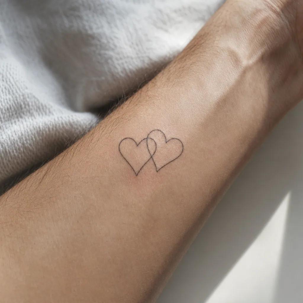 matching tattoo matching minimalist hearts, realistic photo on skin