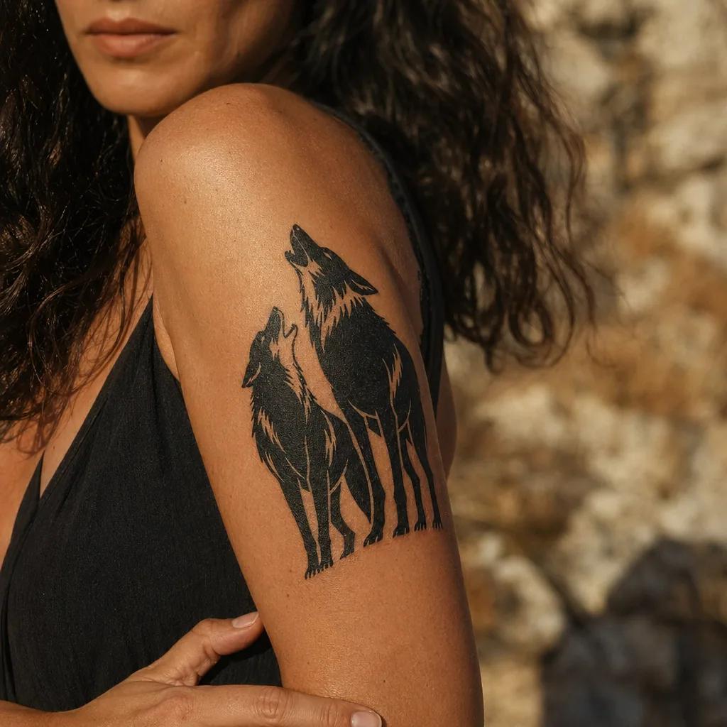 matching tattoo blackwork wolf and she-wolf, realistic photo on skin