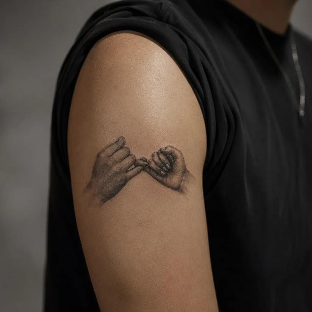 matching tattoo realistic pinky promise hands, realistic photo on skin