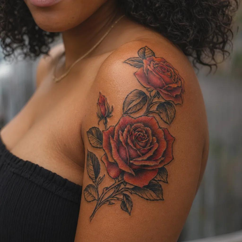 matching tattoo neo-traditional roses, realistic photo on skin
