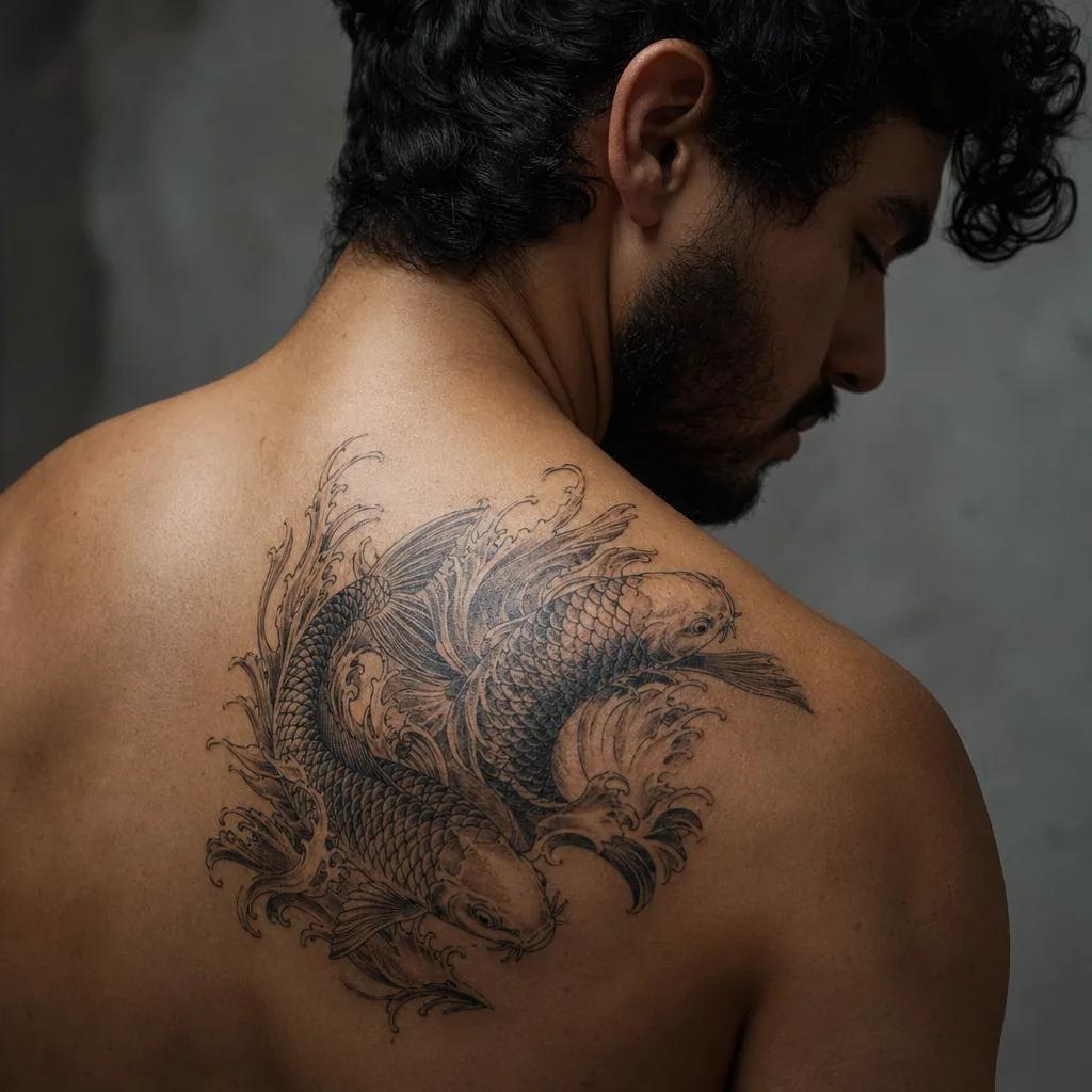 matching tattoo japanese koi carp, realistic photo on skin