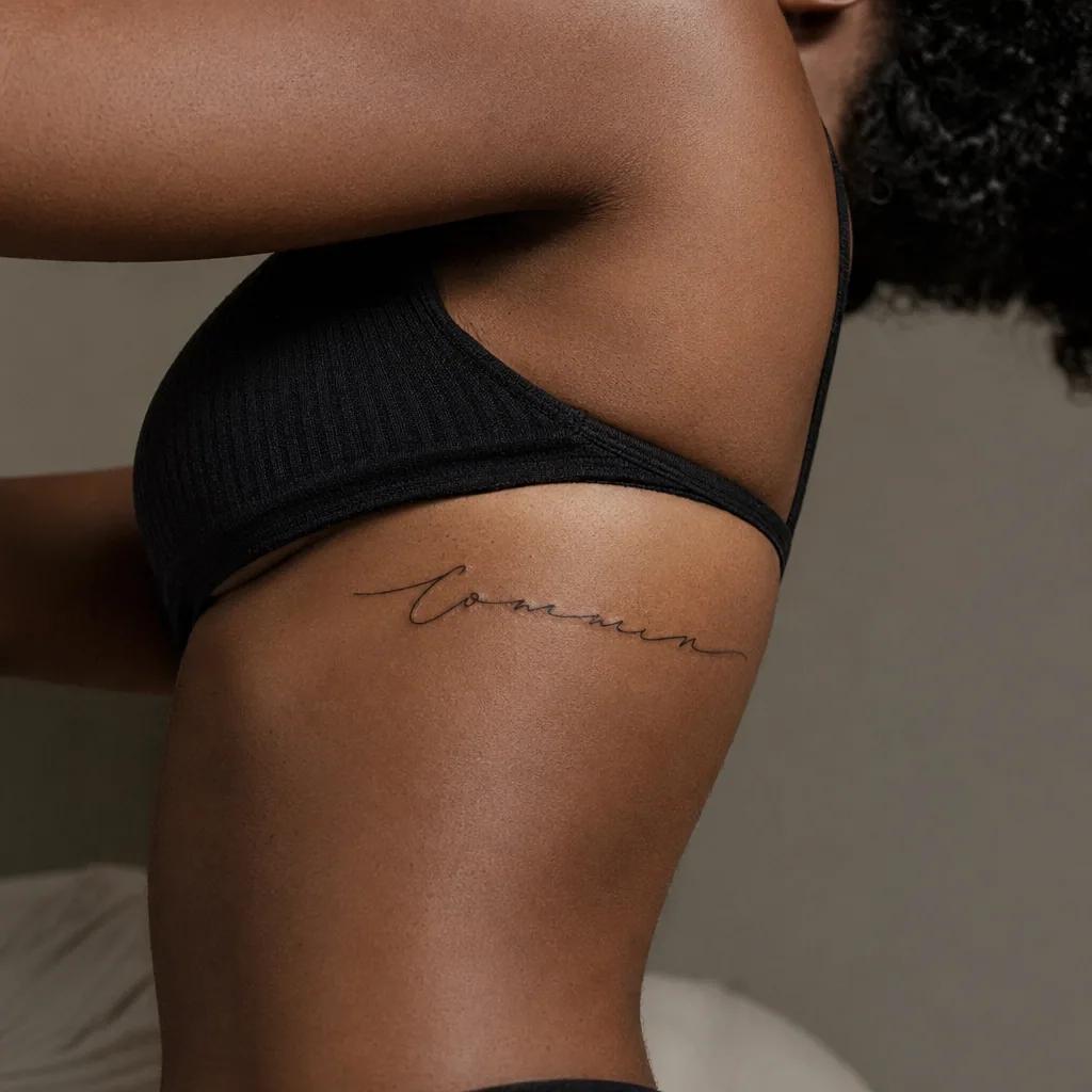 matching tattoo matching lettering, realistic photo on skin