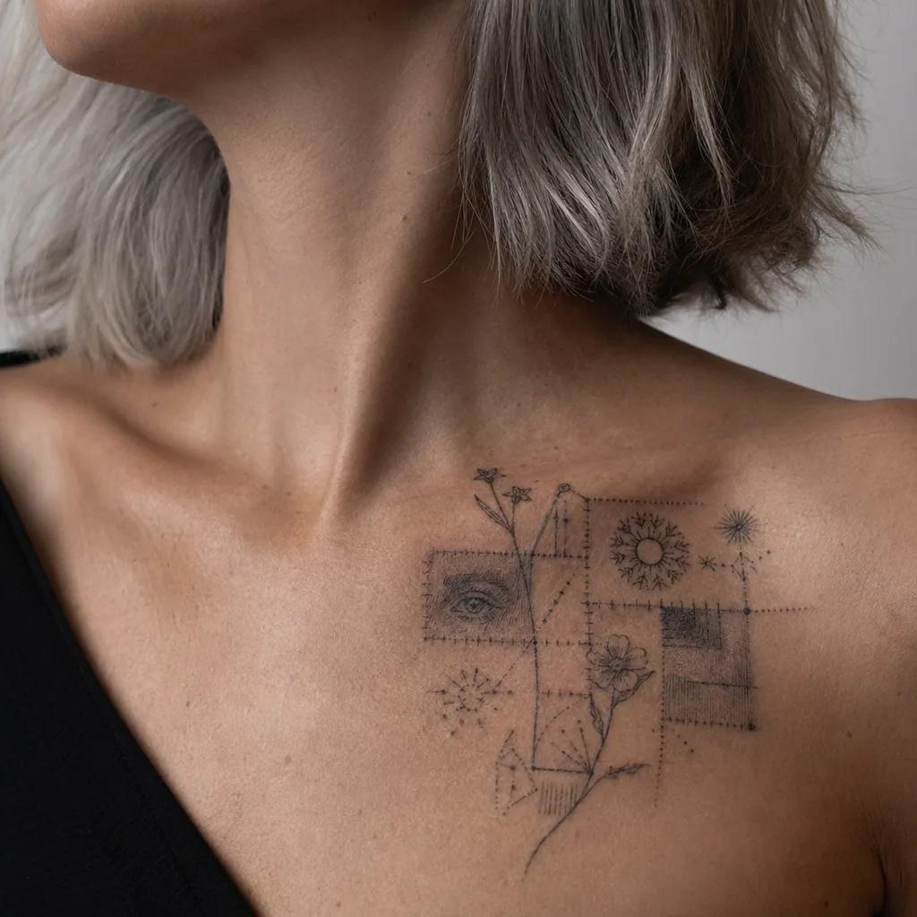 matching tattoo matching flash patchwork, realistic photo on skin